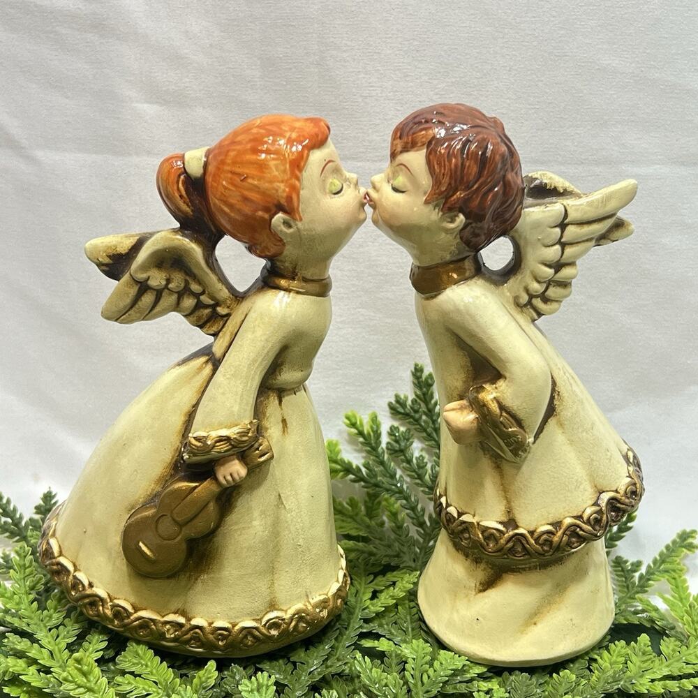 Vintage Mid Century Kissing Angels Choir Musicians Violin Christmas Set of 2